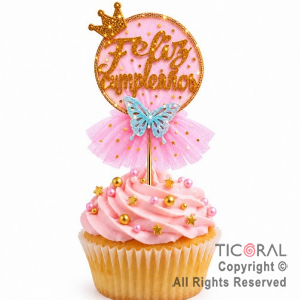 CAKE TOPPER FELIZ CUMPLEA�OS CIRCULO ORO CON TUL ROSA
